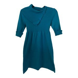 TAKE OUT teal blue ribbed cotton cowl neck cute sweater dress MEDIUM